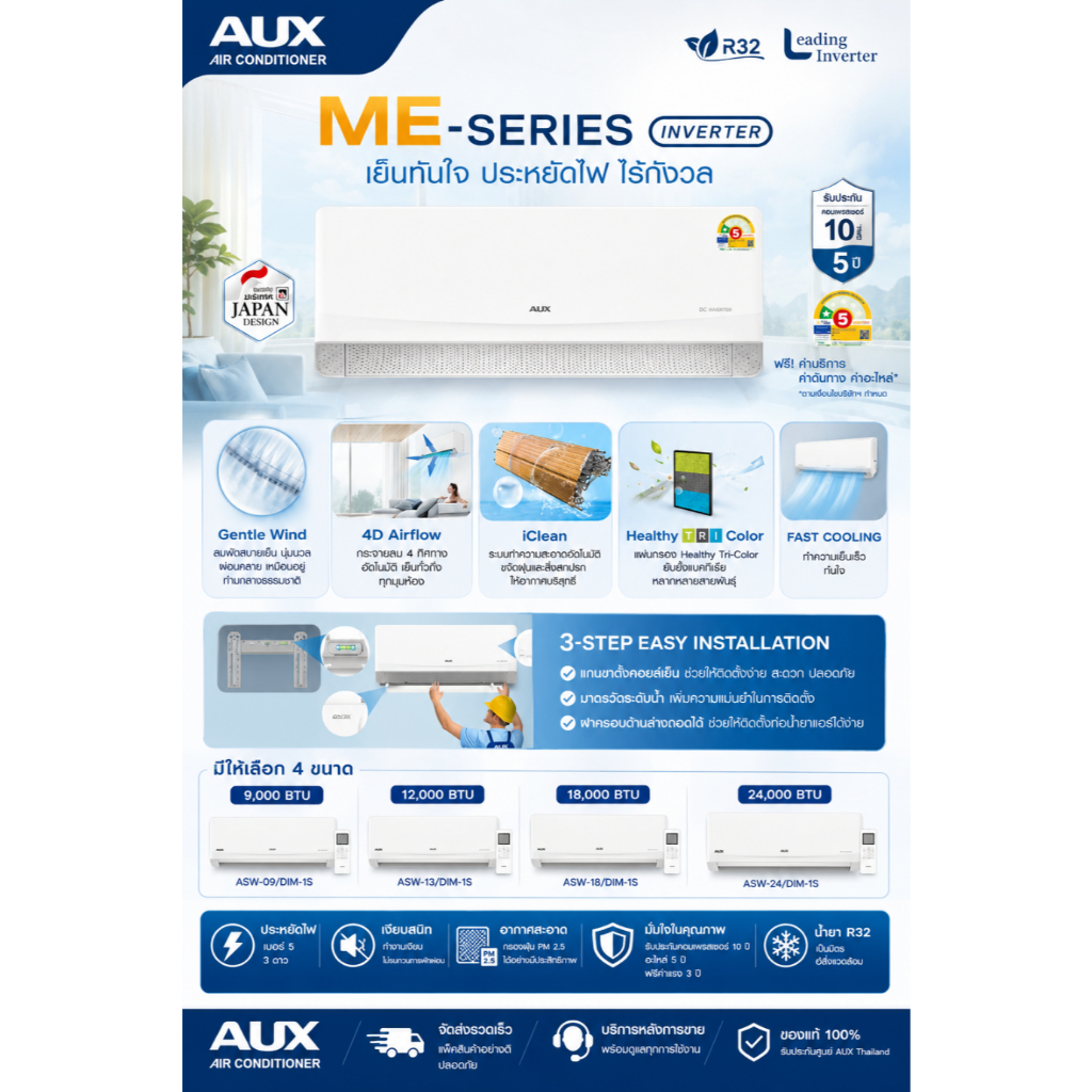 แอร์ใหม่ AUX Inverter รุ่น ME-SERIES ขนาด 9000-24000 BTU *ราคาเฉพาะเครื่อง*