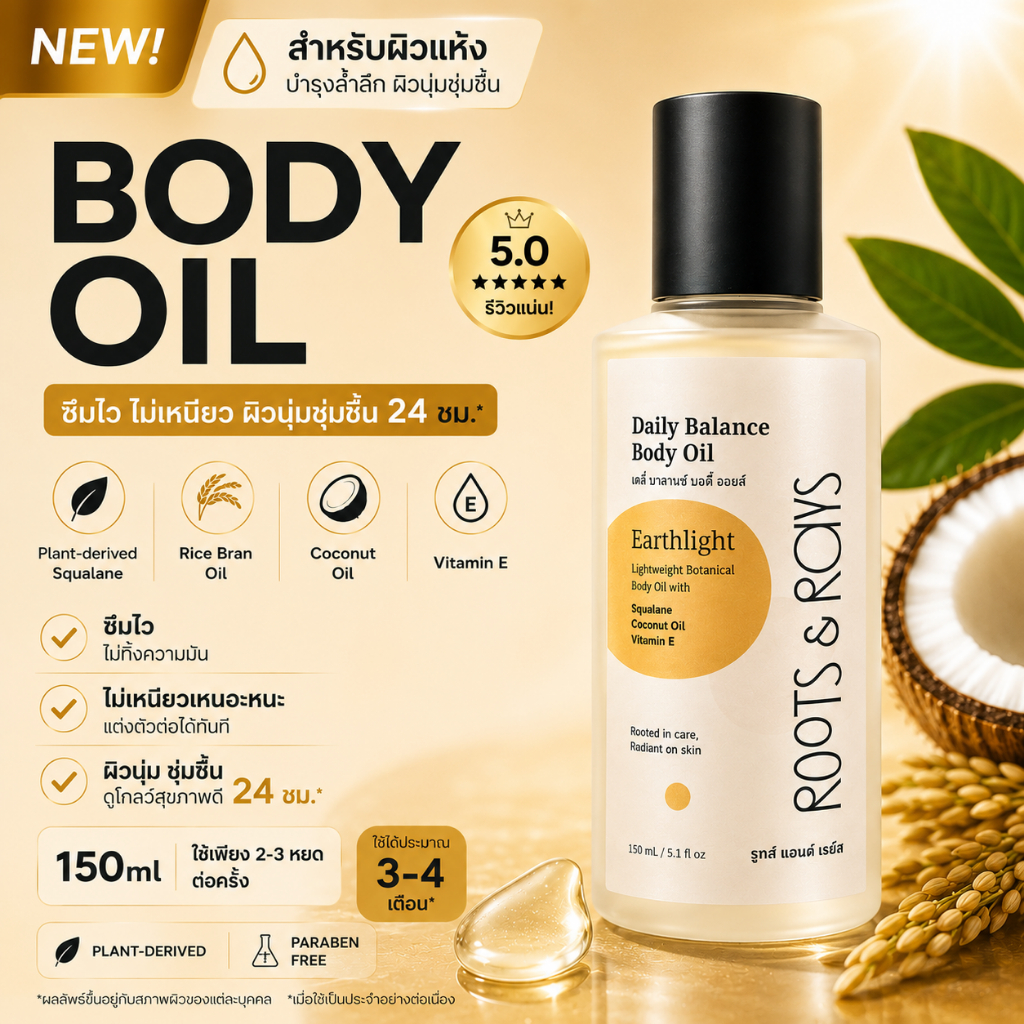 Body Oil บอดี้ออยล์ 150ml น้ำมันทาผิว Squalane ซึมไว ไม่เหนียว ผิวชุ่มชื้น สำหรับผิวแห้ง | Roots & Rays