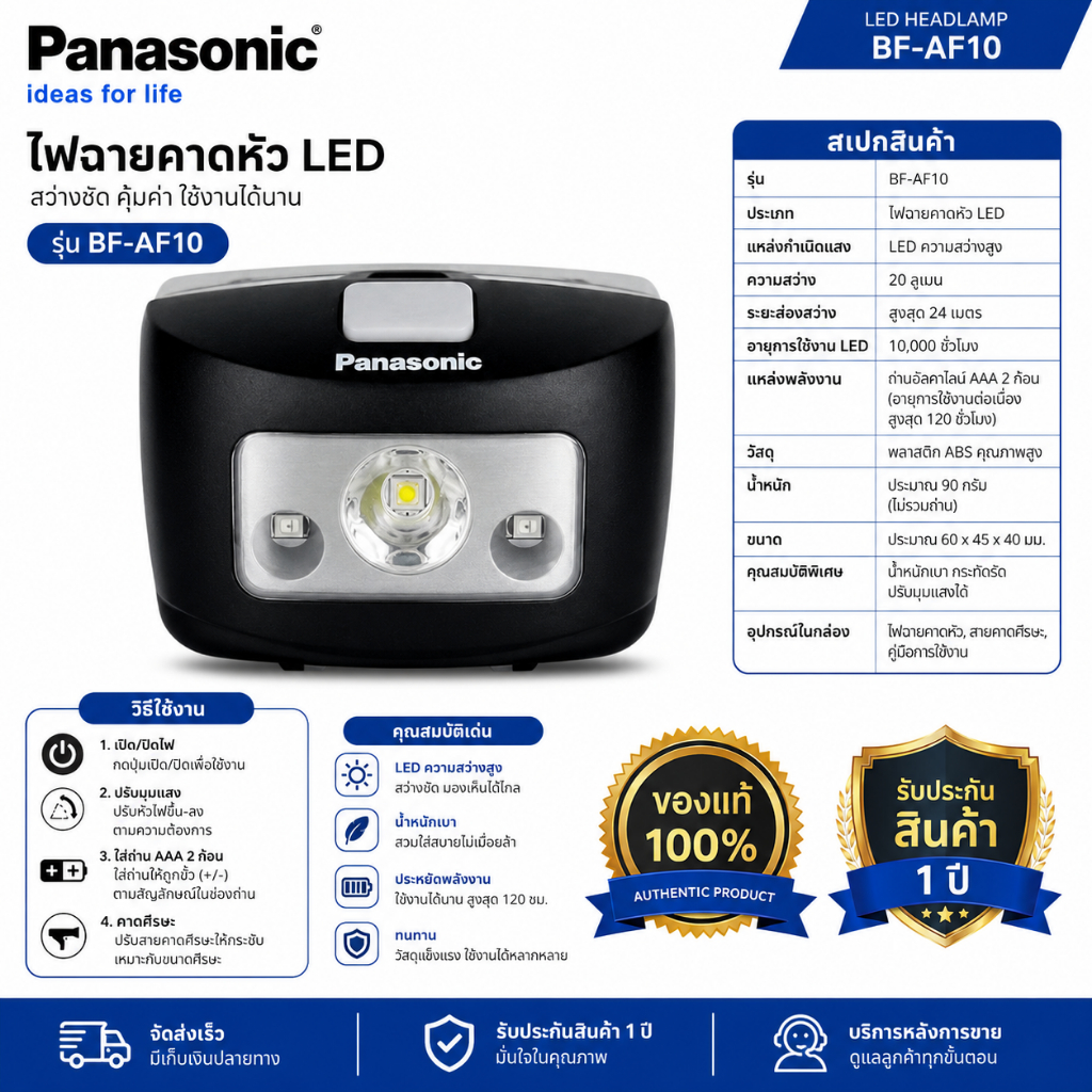 ไฟฉายคาดหัว ใช้ถ่าน3A alkaline*3ก้อน แสงคูลไวท Panasonic