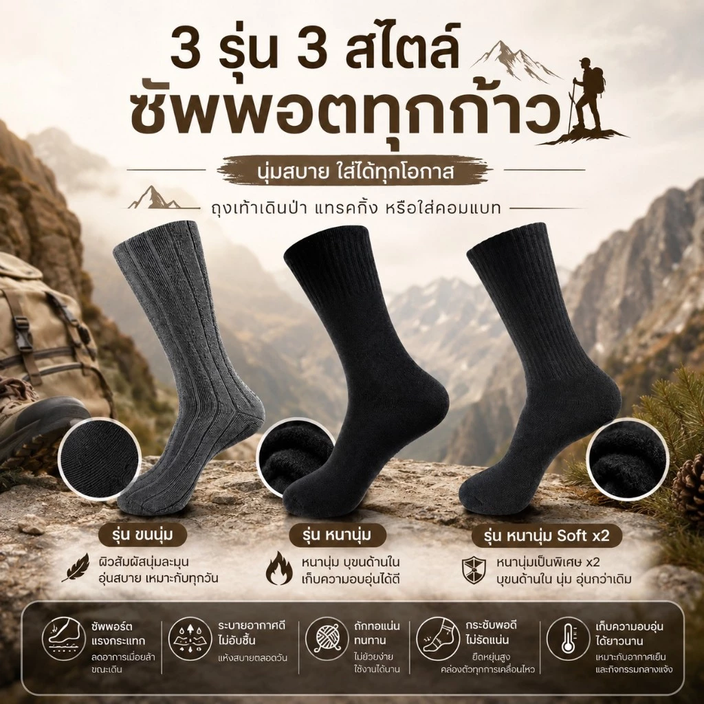 ถุงเท้ากีฬา ถุงเท้าทหาร ใส่คอมแบท เดินป่า 3รุ่น ขนนุ่ม / หนานุ่มบุขน / หนานุ่ม Soft X2