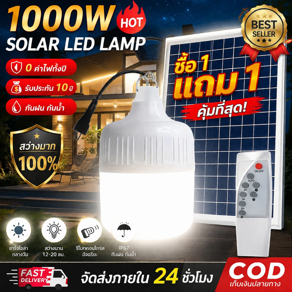 JD รับประกัน10ปี ไฟโซล่าเซลล์ 400W 300W 200W 150W  solar lights LED สปอร์ตไลท์ พลังงานแสงอาทิตย์ Solar cell กันน้ำ