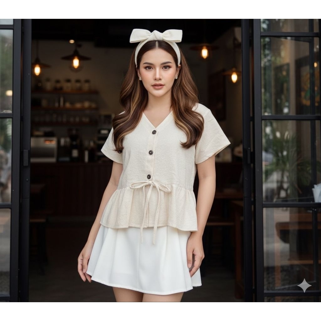 เสื้อผ้าพื้นเมืองผ้าฝ้ายเชียงใหม่ทรงคอวีระบายเอว