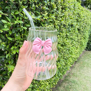 แก้วน้ำ วัสดุแก้ว 450 มล โบว์สีชมพู🎀 พร้อมหลอด แก้วกาแฟ ส่งจากกรุงเทพ
