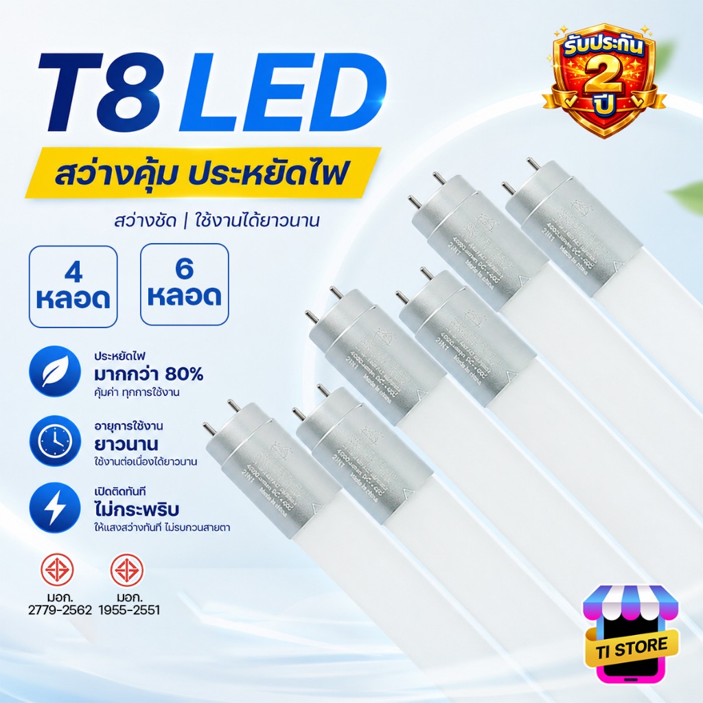 ไฟยาว LED T8 9W/18W/20W/40W 4/6หลอด รับประกัน2ปี ผ่านมาตรฐาน มอก. ประหยัดสุด สว่างมาก รุ่น HL-T8