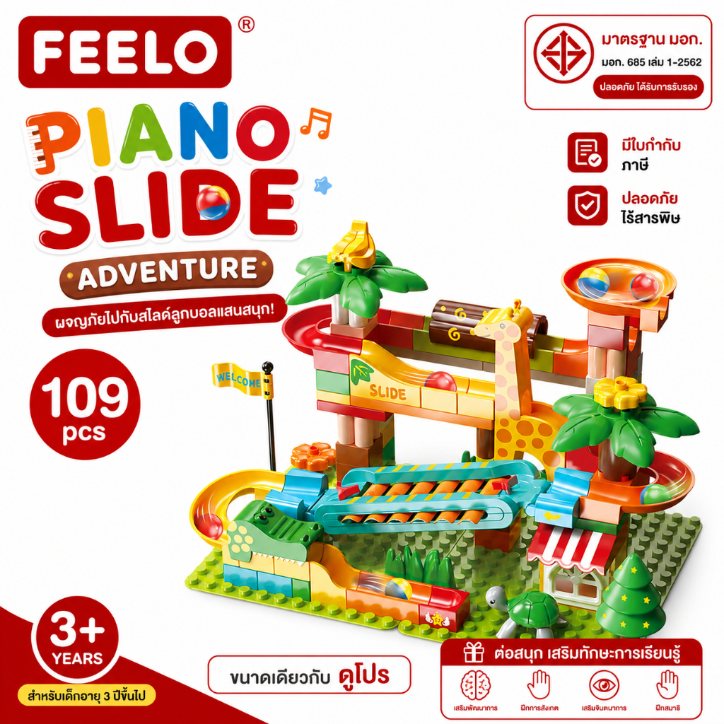 FEELO ของเล่น ตัวต่อ Piano Slide Adventure จำนวน 109 ชิ้น ของเล่น รางลูกแก้ว ขนาดเดียวกับดูโปร