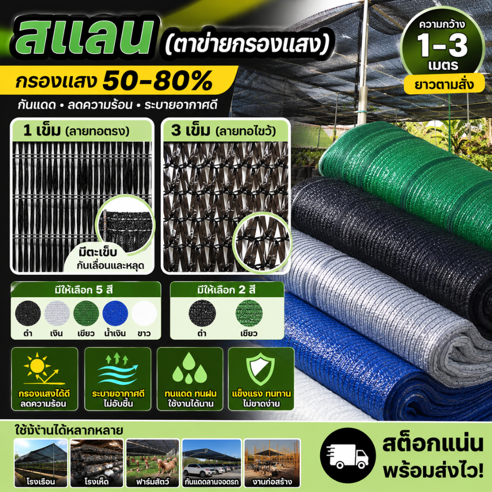 🌿 สแลน ตาข่ายกรองแสง 50% 60% 80% HDPE ทอ 1-3 เข็ม กันUV หน้ากว้า 2m ตัดตามสั่ง (แบ่งขายเป็นเมตร)