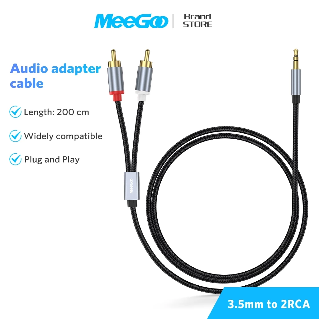 MEEGOO สายเสียงแปลง 3.5 มิลลิเมตร เป็น 2 RCA หัวบัว ความยาว 2 เมตร สายถักไนลอน หัวชุบทอง ส่งสัญญาณเสียงใสไร้เสียงรบกวน