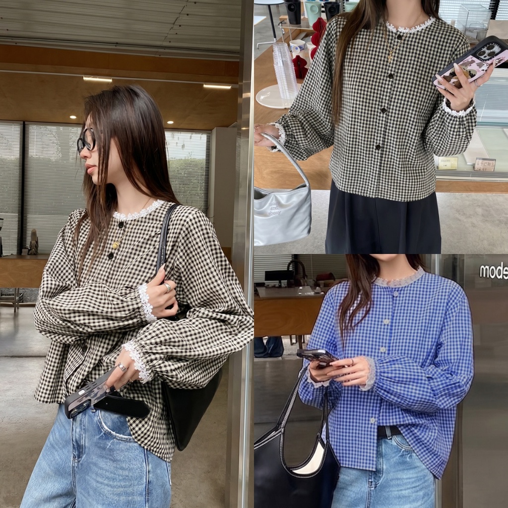 Beryl  เสื้อเชิ้ตแขนยาวลายตารางผู้หญิง คอกลม แขนฟู ตัดต่อผ้าลูกไม้สีตัดกัน ดูหรูหราเท่ สไตล์เกาหลีหรูหรา จับคู่ชุดได้ง่า