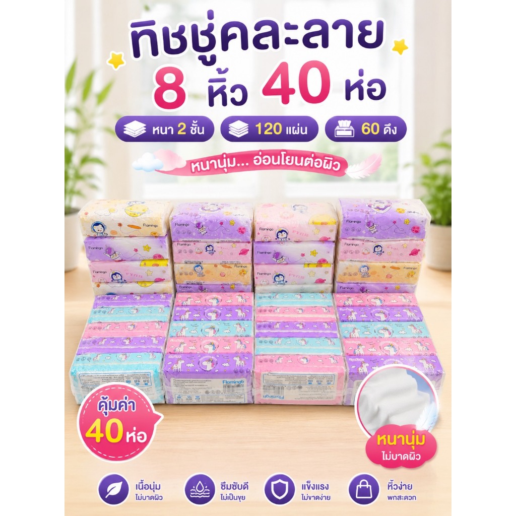 ทิชชู่คละลายน่ารัก(ยกแพ็ค 8หิ้ว 40 ห่อ) นาทีทองดีๆคุ้มๆ บอกต่อ ทำความสะอาด
