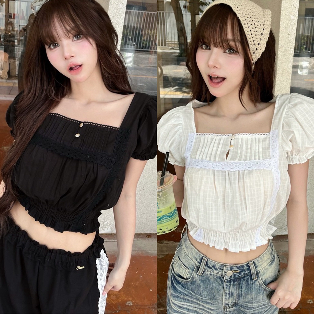 🌟Mamildya.shop🌟 เสื้อแขนตุ๊กตาคอบัว/ Q2-5/NUSA-จั้มสั้น⚫