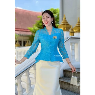 เสื้อสีฟ้า ผ้าลูกไม้ ผ้าไหมสี่เส้น อัดกาว ดีไซน์ทันสมัย