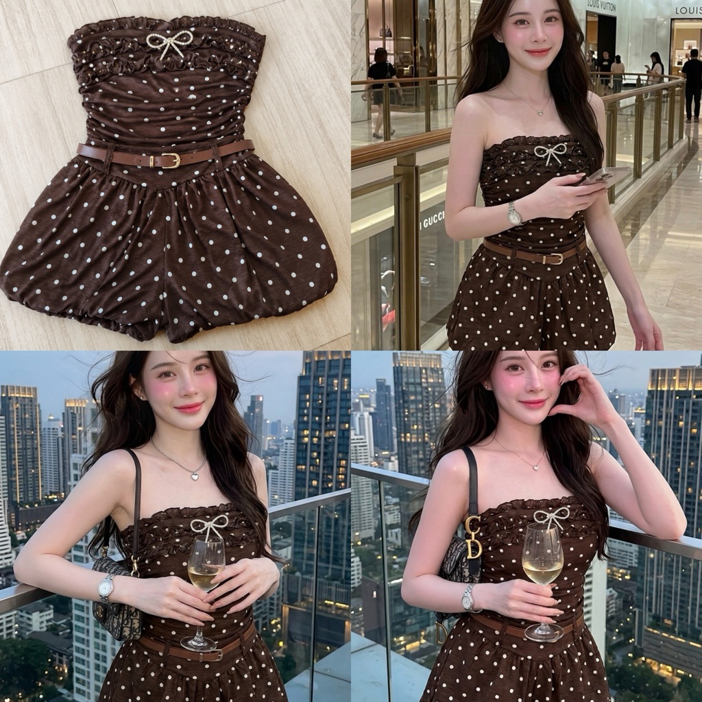 [พร้อมส่ง] เกาะอกแต่งระบายและโบว์น่ารัก กางเกงขาสั้นบอลลูนพร้อมเข็มขัด