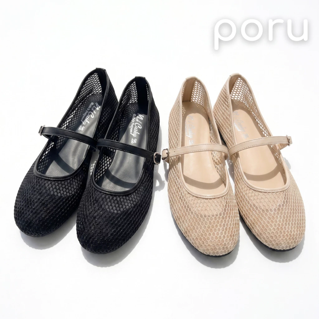 PORU รองเท้าแมรี่เจนตาข่าย รองเท้าคัทชูผู้หญิง ซีทรู สไตล์มินิมอลเกาหลี รองเท้าพื้นนุ่ม ใส่สบาย ระบายอากาศดี