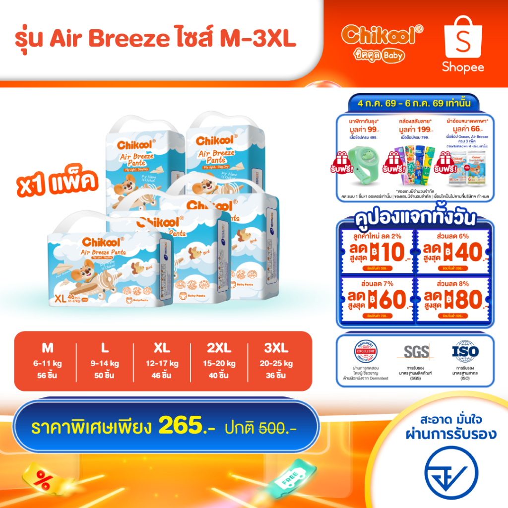 [แพ็คเดี่ยว] Chikool Air Breeze Pants ชิคคูล กางเกงผ้าอ้อมเด็ก แอร์ บรีซ ไซส์ M-3XL