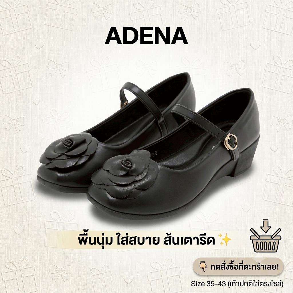 Adena (รุ่นใหม่) รองเท้าคัชชู MARY JANE ส้นเตารีด หน้าดอกคามิเลีย สวย เท้าอวบเพิ่ม 1 ไซส์