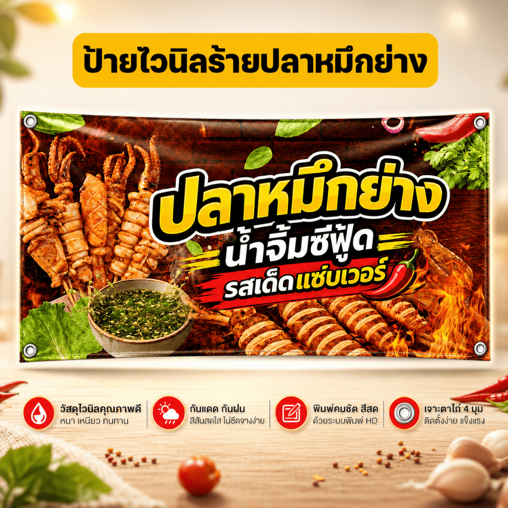 (พร้อมส่ง) ป้ายไวนิล ป้ายไวนิลหมึกย่าง ป้ายไวนิลปลาหมึกย่าง ป้ายตกแต่งร้านสำเร็จรูป สีสวยคมชัด มองเห็นได้ตั้งแต่ระยะไกล