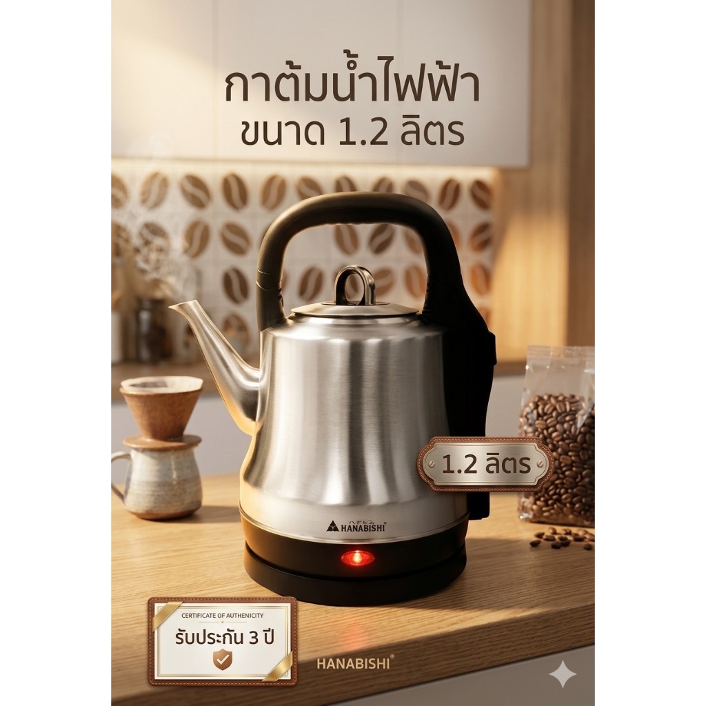 HANABISHI กาต้มน้ำไฟฟ้าไร้สาย HCK-12 ความจุ 1.2 ลิตร กำลังไฟ 1500 วัตต์