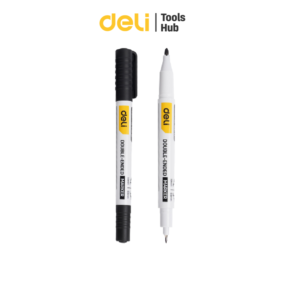 Deli ปากกาเคมี 2 หัว ปากกามาร์คเกอร์ แห้งเร็ว กันน้ำ งานช่าง งานไม้ เขียนลื่น Permanent Marker