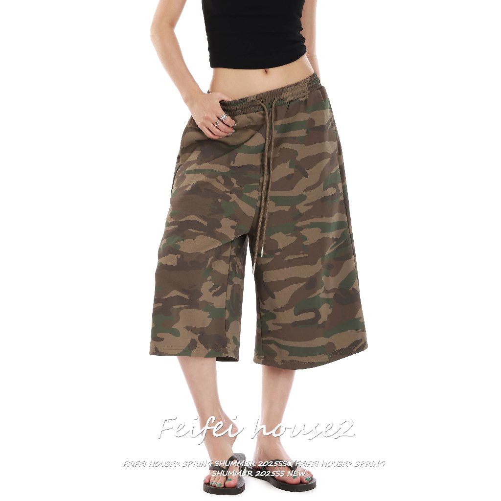 [Feifei-Casual Drawstring Capri Pants]กางเกงขาเจ็ดส่วนผู้หญิงสไตล์อเมริกันแฟชั่นลายพรางทรงหลวมมีเชือกดึง