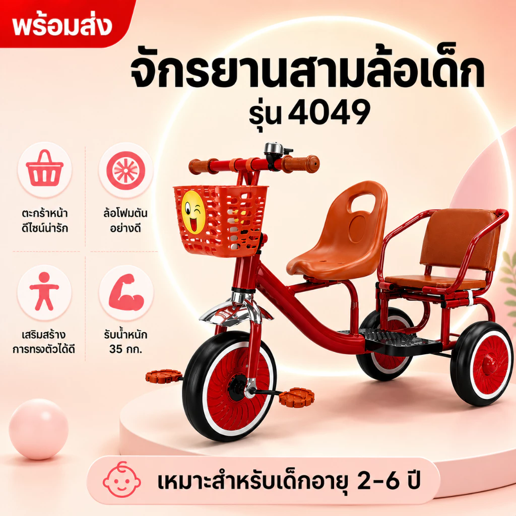 🧸นั่งได้2คน🧸 จักรยานสามล้อ สามล้อ3ล้อ มีเบาะหลัง เบาะนั่งสบาย มีเบาะนั่งซ้อนท้าย