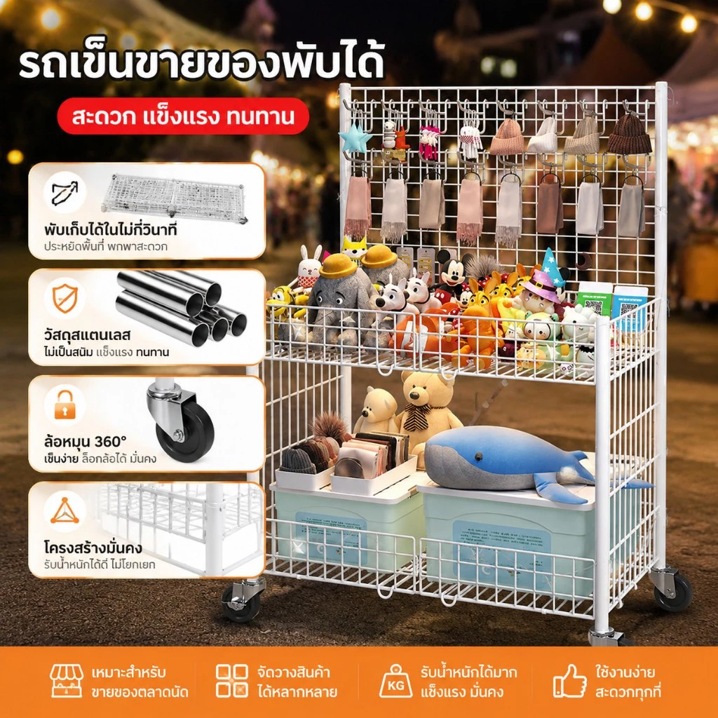 รถเข็นขายของตลาดนัดพับได้ แบบพกพา มีล้อและตะขอแขวน เคลื่อนย้ายง่าย เหมาะสำหรับใช้ในตลาดและร้านค้า