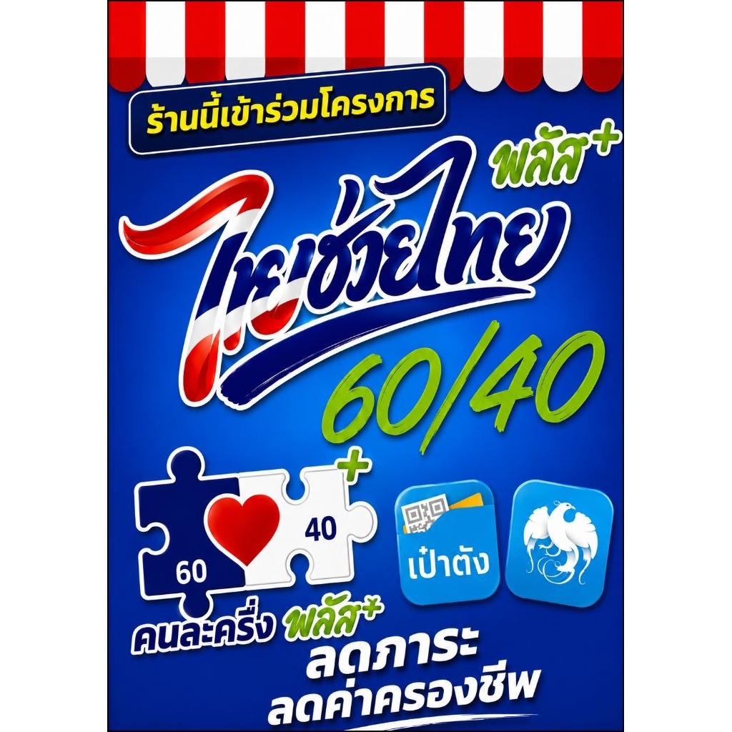 ป้ายไทยช่วยไทย 60/40 สติ๊กเกอร์ คนละครึ่ง พลัส (A4) ป้ายหน้าร้าน สติ๊กเกอร์กันน้ำ ทนแดด ทนฝน ติดแน่น