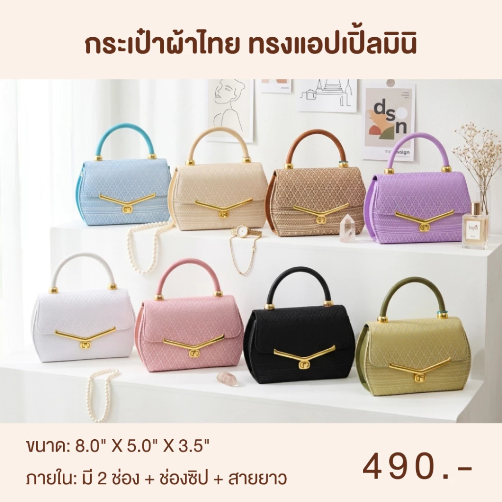 (พร้อมส่ง) กระเป๋าผ้าไทย แบรนด์ลภา - ทรงแอปเปิ้ลมินิ 8 นิ้ว