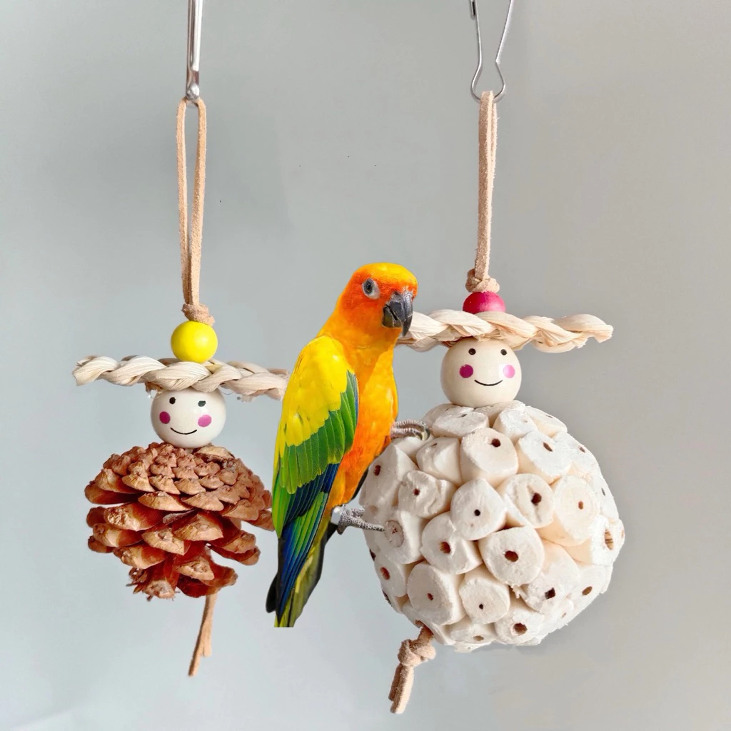 E-118 ของเล่นนกแก้ว สำหรับแทะเล่น วัสดุธรรมชาติ ลูกสน มีตะขอเกี่ยวสแตนเลส parrot toys