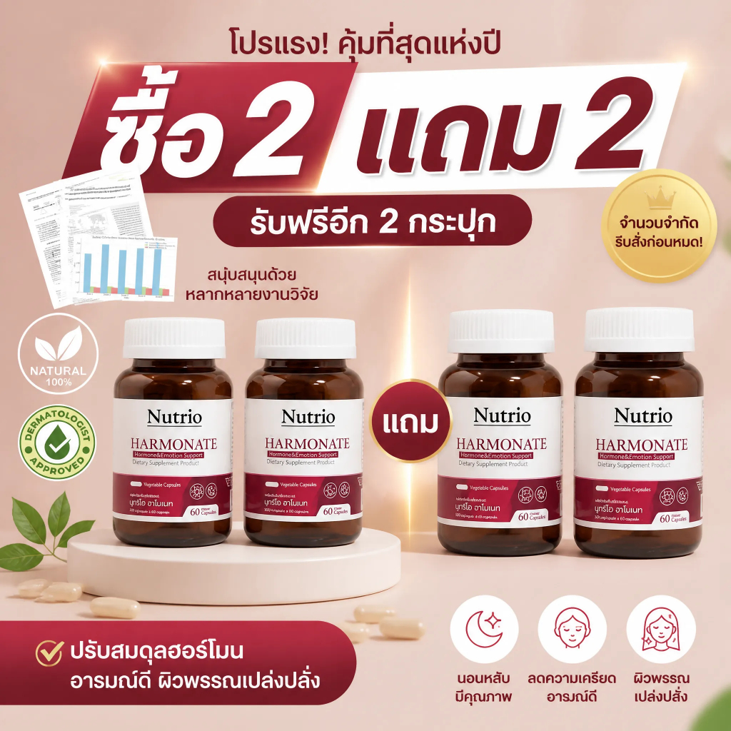 🔥 ซื้อ2แถม2! Nutrio Harmonate 60 แคปซูล สารสกัดธรรมชาติ 100% ช่วยส่งเสริมการพักผ่อน เหมาะกับคนยุคใหม่ จัดส่งไว ของแท้