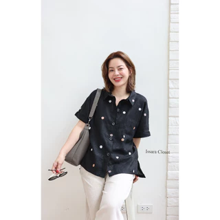 เสื้อลินิน รุ่น Poppii Shirt #ลาย Dot-พื้นดำ