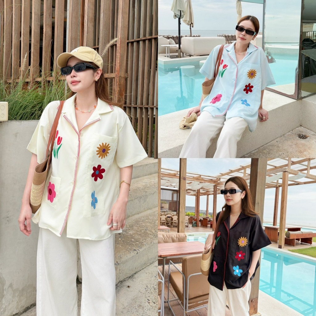 𝗡𝗘𝗪 BEACH BLOOM SHIRT เสื้อเชิ้ตผู้หญิงโอเวอร์ไซส์แขนสั้น ปักลายกระเป๋า เสื้อเชิ้ตเกาหลี เสื้อคลุมผู้หญิง ผ้านุ่มใส่สบาย