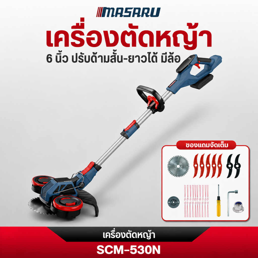 MASARU เครื่องตัดหญ้าไร้สาย SCM-530 เครื่องตัดหญ้าไร้สาย มีล้อเสริม  เครื่องตัดหญ้าไฟฟ้า