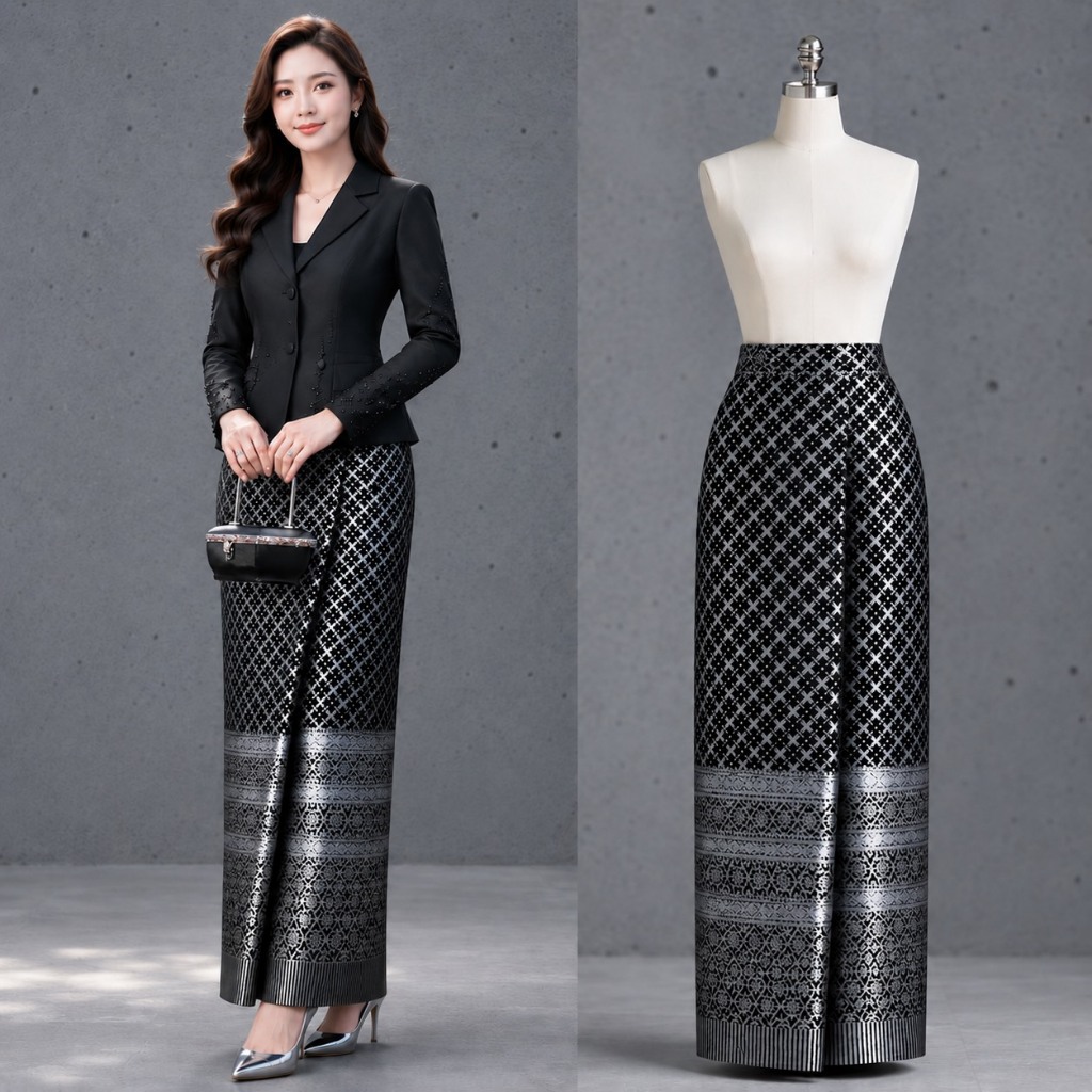 ผ้าไหม ลายยกดอกพิกุล ผ้าถุงราชนีใส่ไป สปป ลาว มี4สี ไซส์ S-3xl ผ้าถุงลายขอ งานทอเครื่อง ซิปหลัง ลายชัดสีสวย รหัส รช