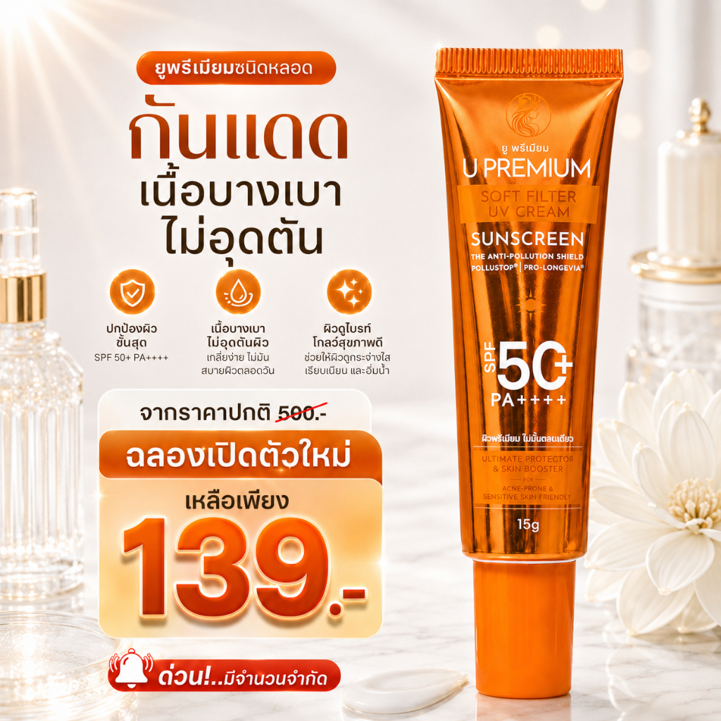หลอด 15g กันแดด ยูพรีเมียม U Premium Sunscreen UV Cream SPF50 PA++++