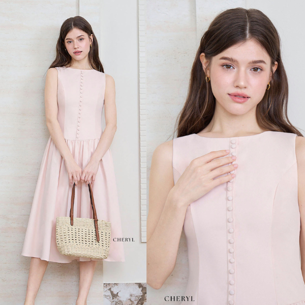 Cheryl brand - Juliette Buttons Dress in Pale Pink / เดรสยาวคอปาดแขนกุด