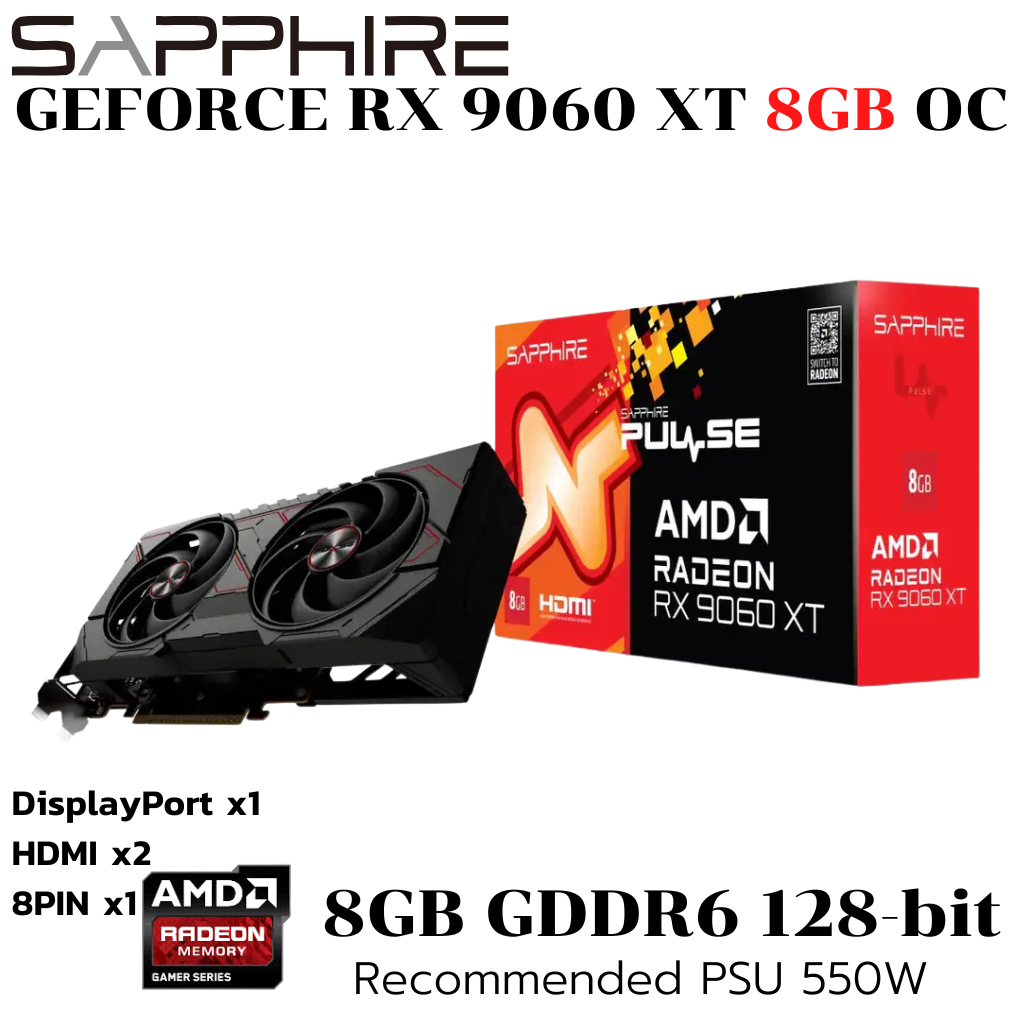 VGA (การ์ดแสดงผล) Sapphire PULSE AMD Radeon RX 9060 XT 8GB DDR6