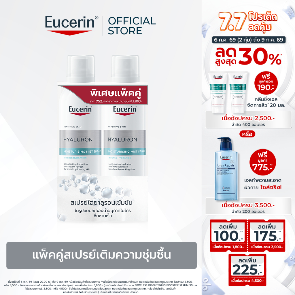 [เซตสุดคุ้ม] Eucerin HYALURON MOISTURISING MIST SPRAY DOUBLE PACK 150ML แพ็คคู่สเปรย์เติมความชุ่มชื้น