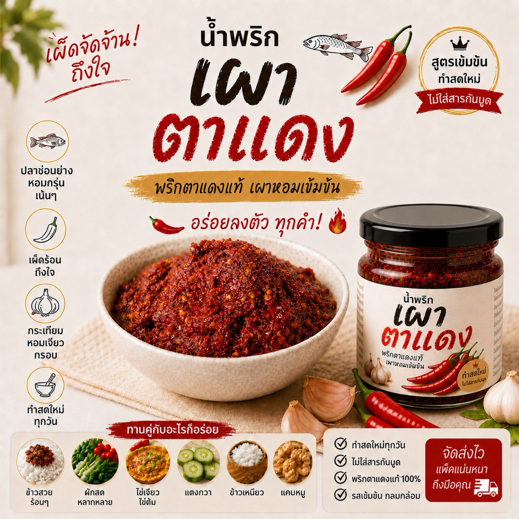 น้ำพริกเผาตาแดง เผ็ดจัดจ้าน หอมกลิ่นพริกคั่วแบบไทยแท้ รสชาติกลมกล่อมถึงเครื่องทุกคำ