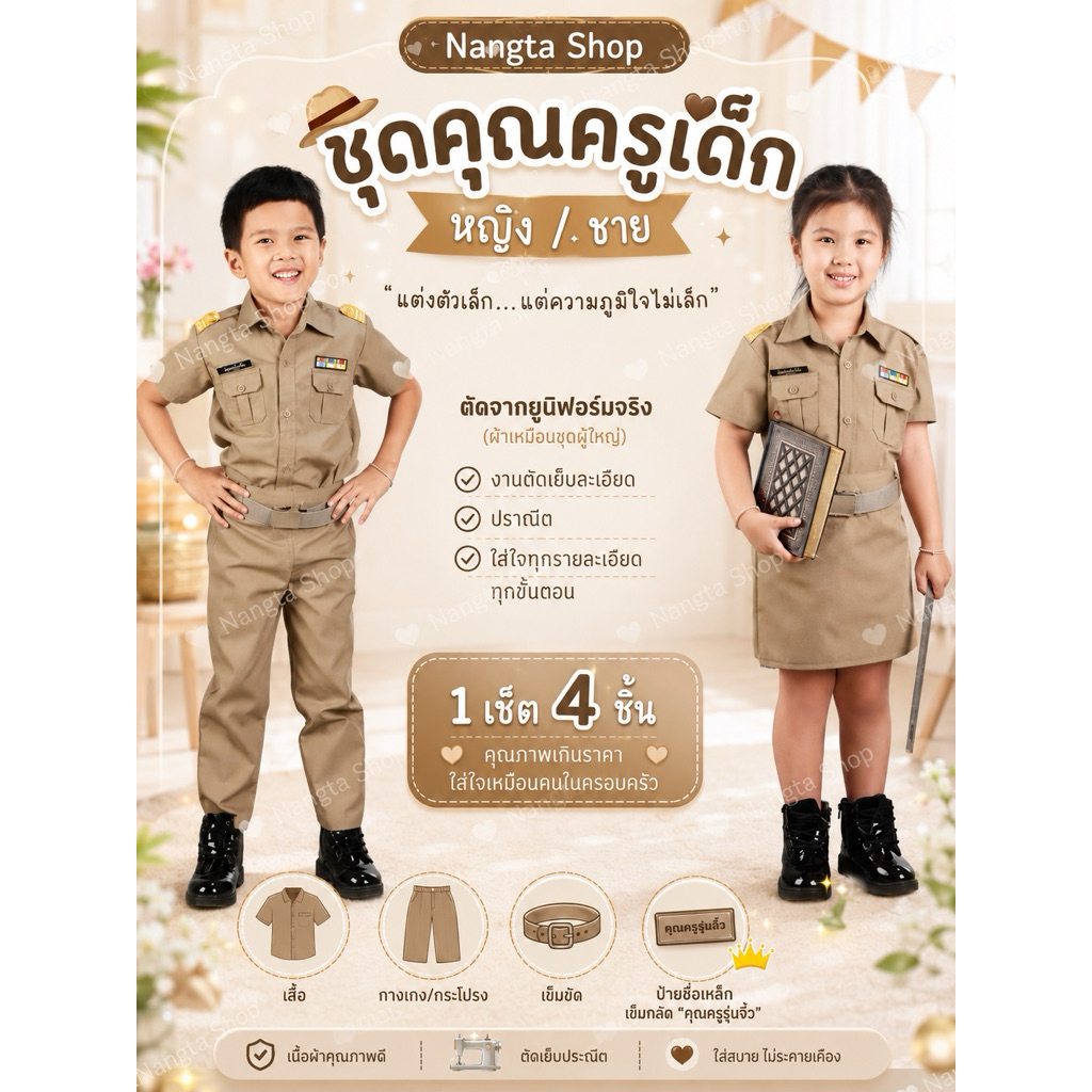 ชุดอาชีพเด็ก คุณครูรุ่นจิ๋ว *ตัดจากผ้ายูนิฟอร์มเนื้อดี* ชุดอาชีพเด็ก คุณครูเด็กรุ่นจิ๋ว แบรนด์ Nangta Shop