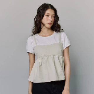 CHUUCHOP - (S-4XL) Missouri Blouse เสื้อเบลาส์ดีไซน์2เลเยอร์ แขนสั้น เก็บสัดส่วนได้ดี แมทช์ง่าย(C8616)