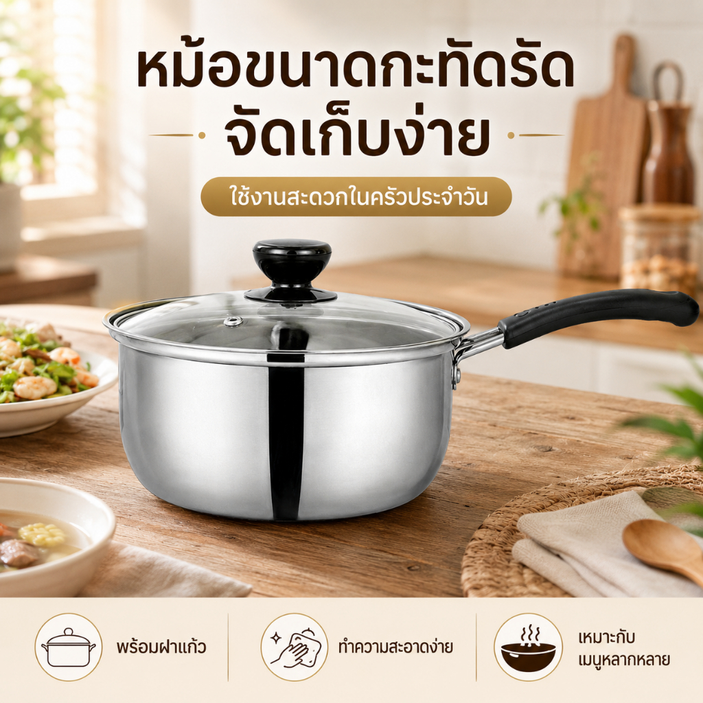 หม้อด้าม 18 ซม. หม้อต้มสแตนเลส พร้อมฝาแก้วทนความร้อน ใช้ได้ทุกเตา เตาแม่เหล็กไฟฟ้า หม้ออุ่นซุป หม้อชาบูมินิ สแตนเลสแท้ ไ