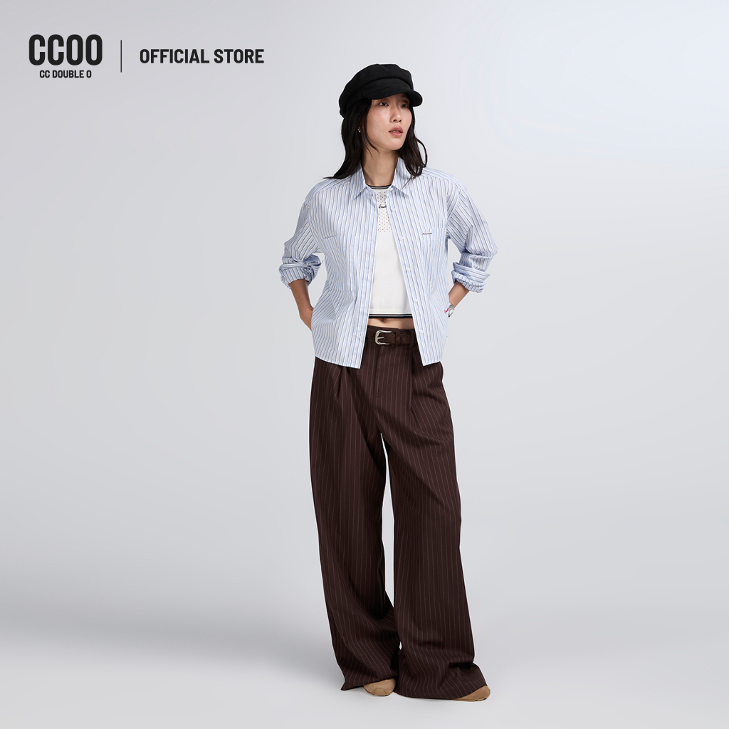 CC DOUBLE O PINSTRIPE WIDE LEG PANTS ผู้หญิง กางเกงขายาวลายทางขากว้าง รุ่น O26WGWA222 (AW26 #A1)