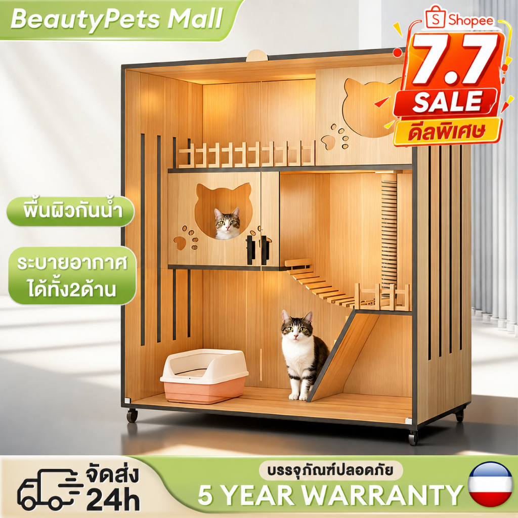 กรงแมว แข็งแรง วิลล่าแมวไม้ กรงขังแมว บ้านแมวขนาดใหญ่ Pet Cage กรงเเมวอพาร์ทเมนต์แมวไม้เนื้อแข็ง