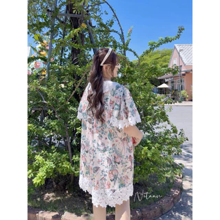 NITAAN 🐁 LILA DRESS เดรสผ้านูนทางพิมพ์ลาย โอเว่อร์ไซส์ ปกปัก สวยมากกก กระดุมหน้าอแต่งลูกไม้