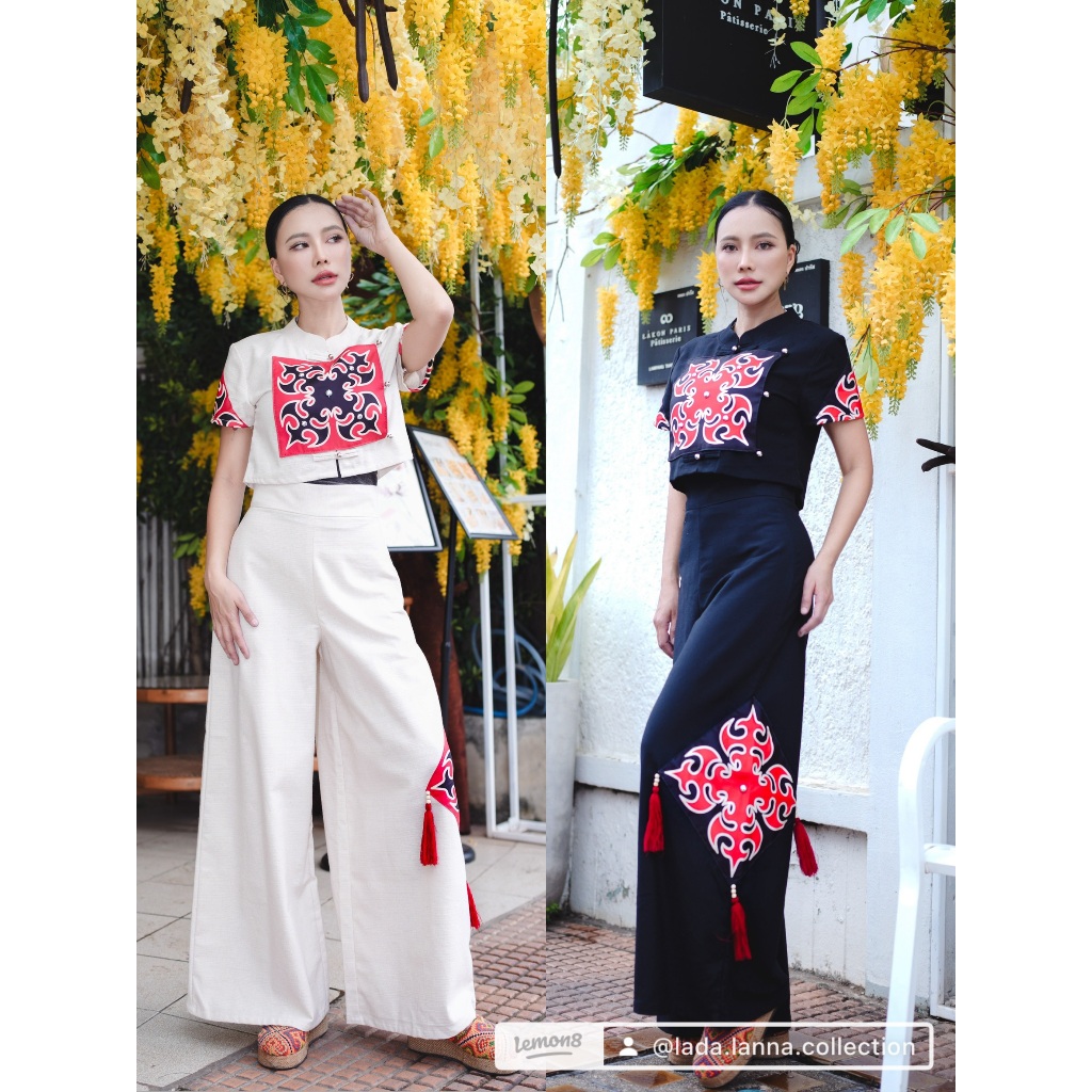 เซ็ทดอกเมี่ยนเสื้อคอจีนและกางเกงทรงขาบานแต่งพู่ผ้าโพลี่เอสเตอร์พิมพ์ลาย
