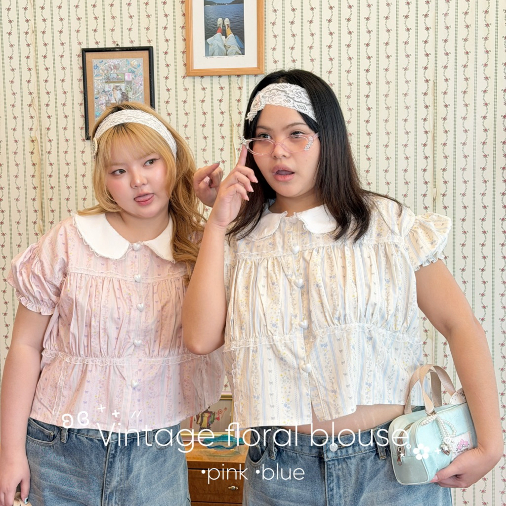 Chubbygirlbkk - Vintage floral blouse🕰️🌸“เสื้อเชิ้ตคอบัว สาวอวบ ผ้าคอตตอนดอกไม้ สาวอวบ”