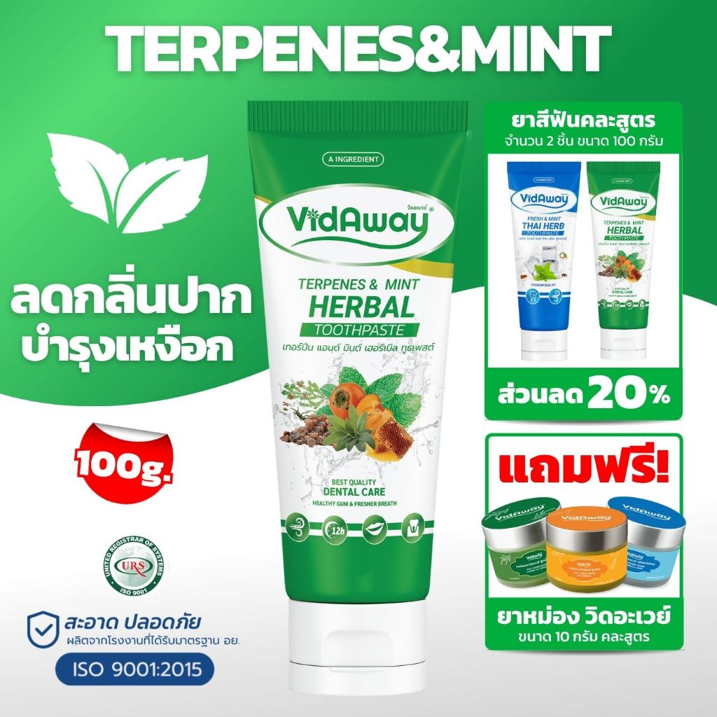 Vidaway Terpenes & Mint ยาสีฟันสมุนไพรสูตรเขียว ดูแลเหงือก ฟันสะอาด ลมหายใจหอมสดชื่น