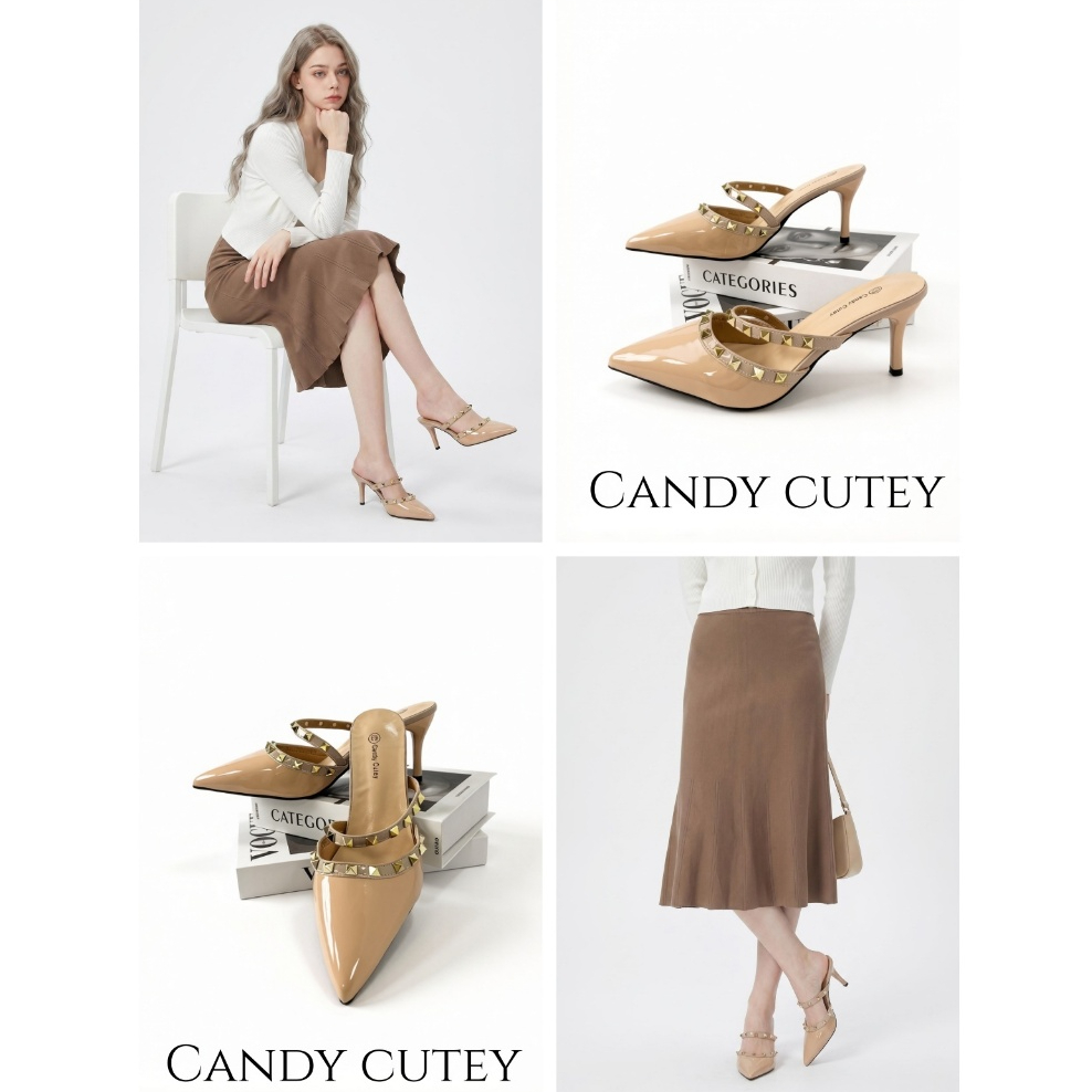 Candy Cutey รองเท้าแตะส้นเข็มหนังเงา หัวแหล่งประดับหนามตะปู ใส่สบาย ยาวขา เหมาะแต่งตัวประจำวันและออกงาน