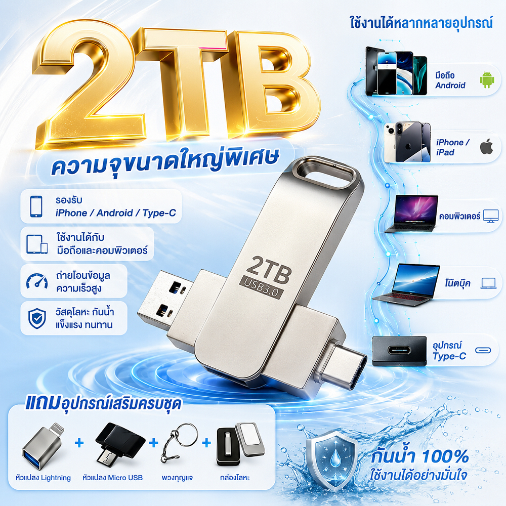 แฟลชไดรฟ์ Type-C/Micro USB 512GB/1TB ใช้กับโทรศัพท์และคอมพิวเตอร์ รองรับทุกระบบ ไม่ต้องติดตั้งแอป