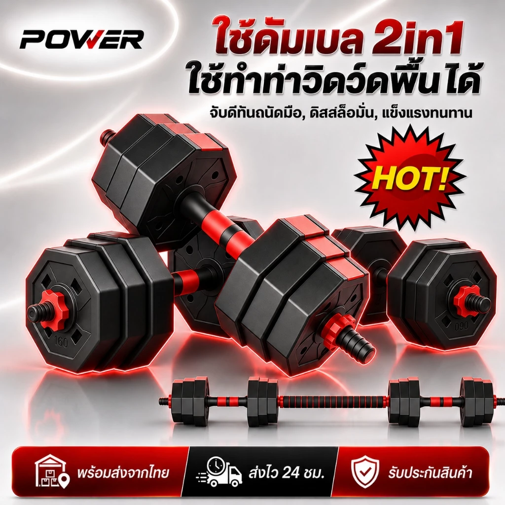 ดัมเบลปรับน้ำหนัก 10-40KG Dumbbell ชุดดัมเบล+บาร์เบล 2in1 ทรงแปดเหลี่ยม ไม่กลิ้ง เล่นฟิตเนสที่บ้าน สีดำแดง